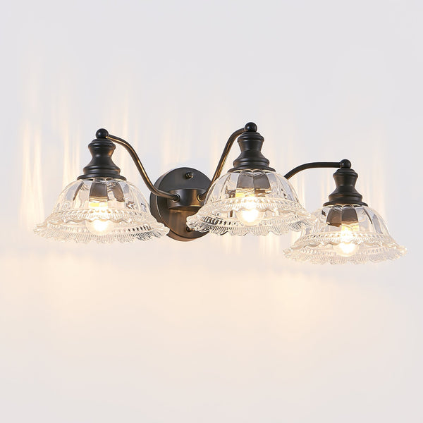 English Elm 24 Vintage 3-Light Bathroom Wall Sconce with Iron and Glass Shades - Elegant Vanity Fixture for Mirror Black W1340P284601