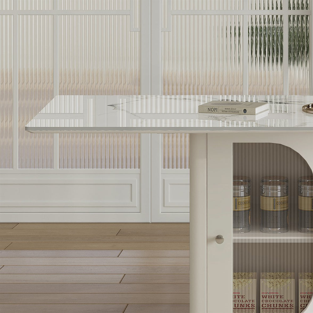 English Elm 63" Modern Dining Table with Sintered Stone Top, Solid Wood Gold Base, Storage Shelf & Glass Door, Ideal for Apartments and Families W2700S00065