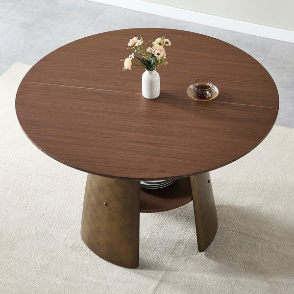 English Elm 47.25 Inch Round Dining Table Walnut Mdf Top Bronze Metal Frame Seats Six W3357S00001