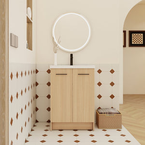 English Elm 24" Floating Oak Plywood Bathroom Vanity Set with Glossy Resin Sink Scandinavian Style W3450S00090
