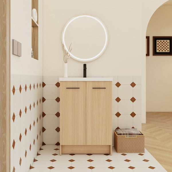 English Elm 24" Floating Oak Plywood Bathroom Vanity Set with Glossy Resin Sink Scandinavian Style W3450S00090