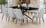 English Elm 1 Table and 8 Chairs Set.A Rectangular Dining Table With A Imitation Marble Black Table Top and Black Metal Legs.Paired With 8 Chairs With Pu Leather Seat Cushion and Black Metal Legs.F-1537,C-007