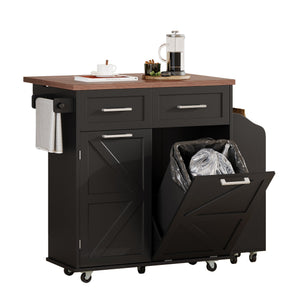 English Elm K&K 47.2" Farmhouse Kitchen Island with Drop Leaf, Removable Side Shelf, Trash Cabinet, Wheels Black N707P307296B