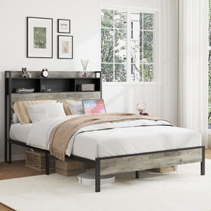 English Elm Full full size bed frame Antique Gray with storage, 2 USB ports, noise-free wood slats, easy assemble, sturdy support W636P315847