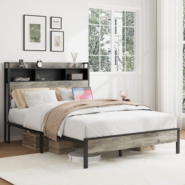 English Elm Full full size bed frame Antique Gray with storage, 2 USB ports, noise-free wood slats, easy assemble, sturdy support W636P315847