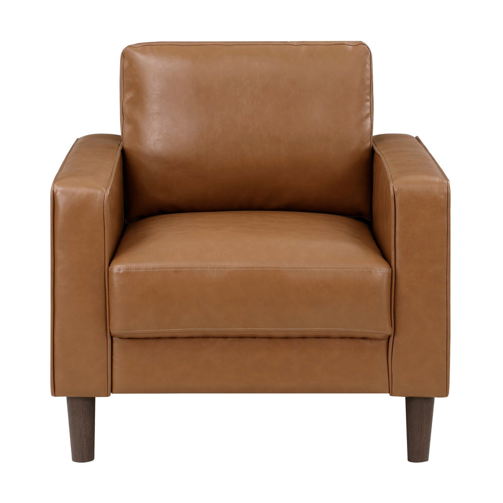 English Elm Modern Brown Faux Leather Malcolm Chair with Track Arms, Welt Trim, Cushioned Seat, Solid Wood Base — Versatile Modern-Transitional Accent for Living Room B011P394846
