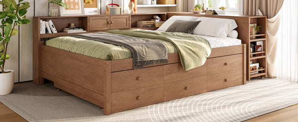 English Elm Twin Daybed Pine Frame with Trundle Desk Hutch Shelves and Storage for Kids Rooms Brown W1580S00462