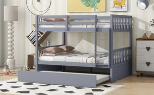 English Elm Full Over Full Bunk Bed With Twin Trundle, Ladder & Guardrails - Rustic Grey, Space-Saving Design W504S00178