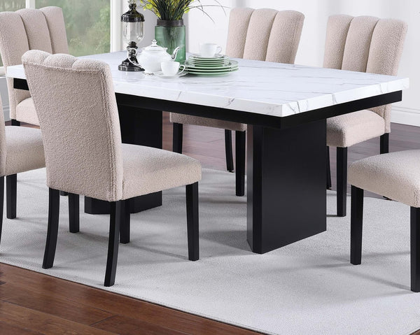 English Elm Classic Two-Tone Faux Marble Dining Set – 7Pc Table & 6 Upholstered Chairs For Elegant Spaces B011S01881