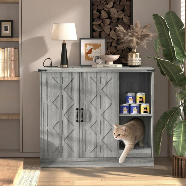 English Elm Cat Litter Box Cabinet Gray Mdf with Built-in Power Outlet and Geometric Door Design N704P414606E