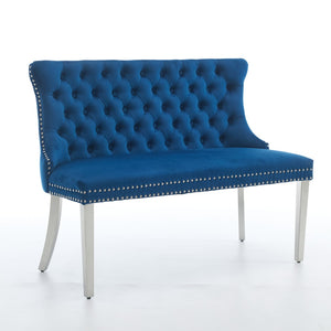 English Elm Velvet Wingback Dining Bench Tufted Two Seat Mid Century Modern Brushed Steel Base Blue W1143P406981
