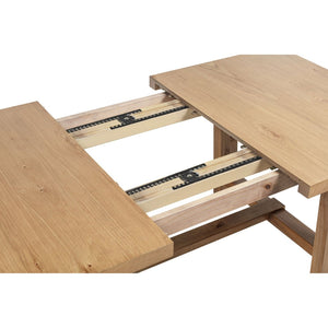 English Elm Carlos Pine Trestle Dining Set Seats Six with Nailhead Upholstered Chairs Natural Finish B062S01802