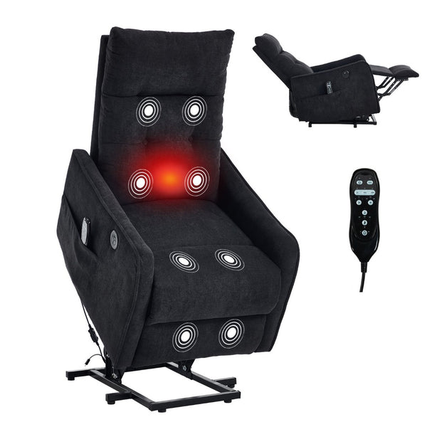 English Elm Beige Chenille Power Lift Recliner with Massage Heat and Usb for Senior Comfort Black W1803P369081