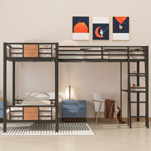 English Elm L-Shaped Twin Over Twin Bunk Bed with Loft Desk & Shelves, Brown Metal+MDF, Sturdy Sleep Solution GX001110AAD
