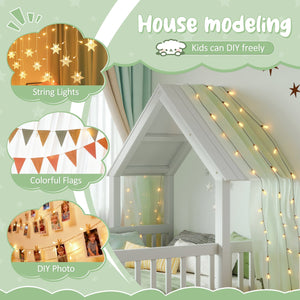 English Elm Twin House Floor Bed with Door & Full-Length Guardrails, Solid Wood Twin Loft Alternative for Kids White W1580P327128