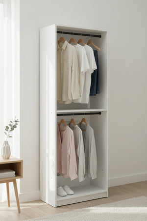 English Elm Prosper 32" White Wood Walk-In Closet Organizer with Two Rods, Freestanding Melamine Oak Finish Durable B040P407428