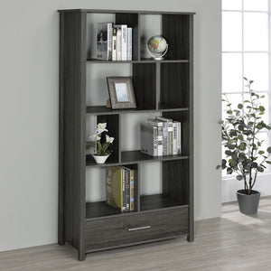 English Elm Dylan Weathered Grey 4-Shelf Bookshelf with Curved Glass Top, Bottom Drawer Storage, Modern 68" Tall B062P344934