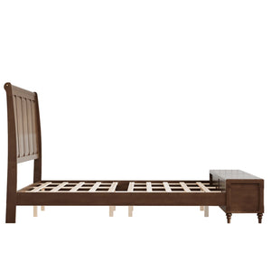 English Elm Queen Sleigh Bed Solid Rubberwood Walnut Finish Curved Headboard Footboard Storage Bench Walnut Brown W1716S00036