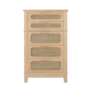 English Elm 29X18X46" Coastal-Inspired Tall Chest With Cane Drawers - Mid-Century Modern Storage Solution For Home W2078P179286