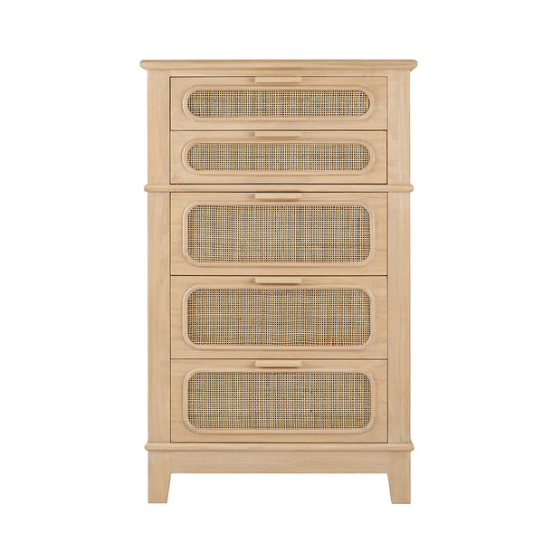 English Elm 29X18X46" Coastal-Inspired Tall Chest With Cane Drawers - Mid-Century Modern Storage Solution For Home W2078P179286