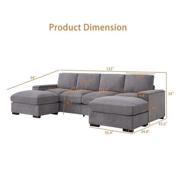 English Elm 122"l Corduroy Sectional with Dual Ottomans Modular U-shape Sofa for Modern Living Gray W1669S00044