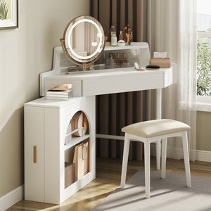 English Elm Corner Makeup Vanity Desk with 360° Rotating LED Mirror, Adjustable Brightness, L-Shaped Corner Design and Pull-Out Storage for Small Spaces White N844P263663A