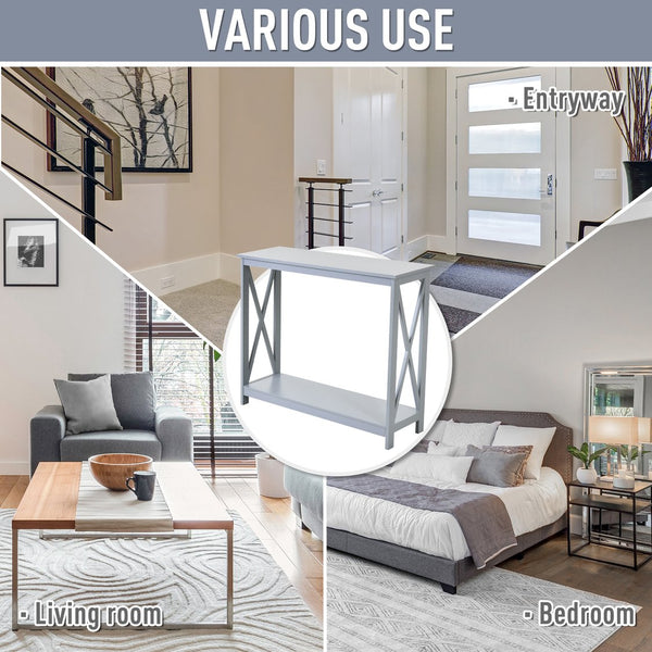 English Elm HOMCOM Elegant 2-Tier Console Table with Lower Shelf and X Frame, Space-Saving Entryway Accent Table Grey W2225P217207