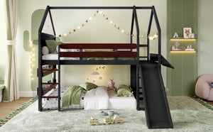 English Elm Full Size Pine Loft Bed House Frame with Slide Bookshelves and Moon Star Rails W1580S00314