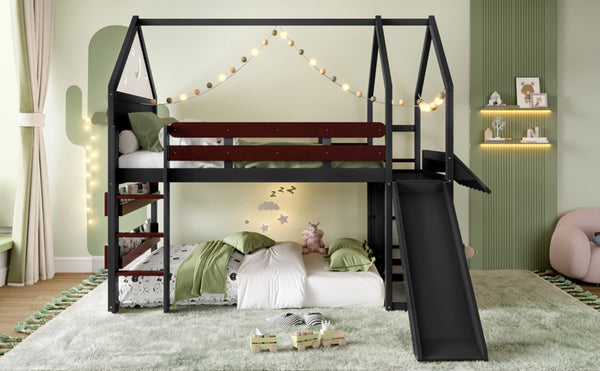 English Elm Full Size Pine Loft Bed House Frame with Slide Bookshelves and Moon Star Rails W1580S00314