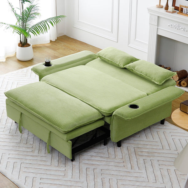 English Elm 65.74-inch convertible letter sofa bed with adjustable armrests, pull-out extension, cup holders, durable frame and plush sponge cushions Green W3371P311474