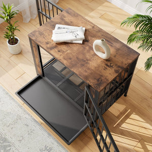 English Elm Dog Crate Furniture Wooden Kennel with Iron Frame Rustic Side Table for Small Pets W840P203066