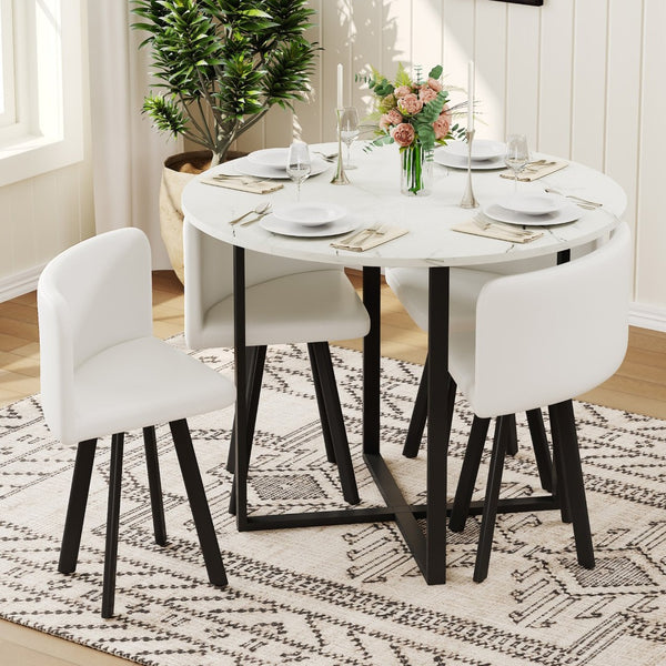 English Elm 5 Piece Round Faux Marble Dining Set with Pu Leather Chairs for Small Apartments White W3875S00087
