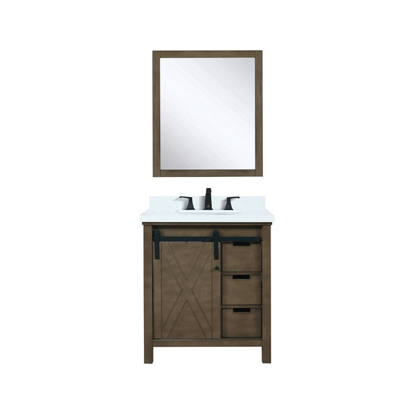 English Elm Rustic Brown Bath Vanity 30" W x 22" D with Cultured Marble Top, Matte Black Faucet, 28" Mirror B2731S01338