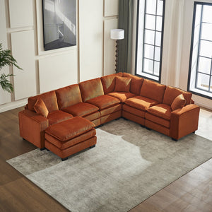English Elm Modern U Shaped 6-Seat Sectional Sofa with Ottoman and 3 Toss Pillows, Corduroy Modular Comfort and Durable Frame Orange W2363S00043