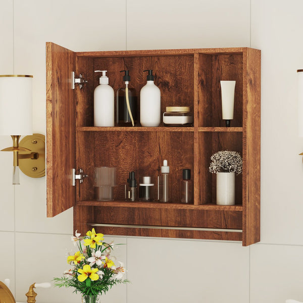 English Elm Bathroom Walnut Mirror Cabinet Wall Mounted with 4 Compartments, Towel Rack, HD Mirror, Moisture-Resistant W3226P325706
