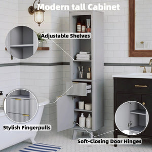 English Elm 68" Tall Fluted Freestanding Storage Cabinet with Drawer and Adjustable Shelf for Bathroom Gray N817P375218G