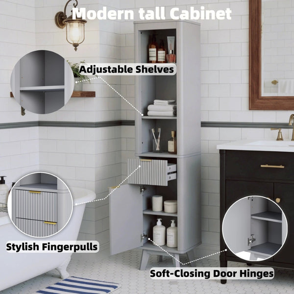 English Elm 68" Tall Fluted Freestanding Storage Cabinet with Drawer and Adjustable Shelf for Bathroom Gray N817P375218G