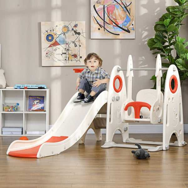 English Elm Qaba 4 in 1 Indoor Toddler Playset with Slide Swing Climber and Basketball Hoop W2225P217352