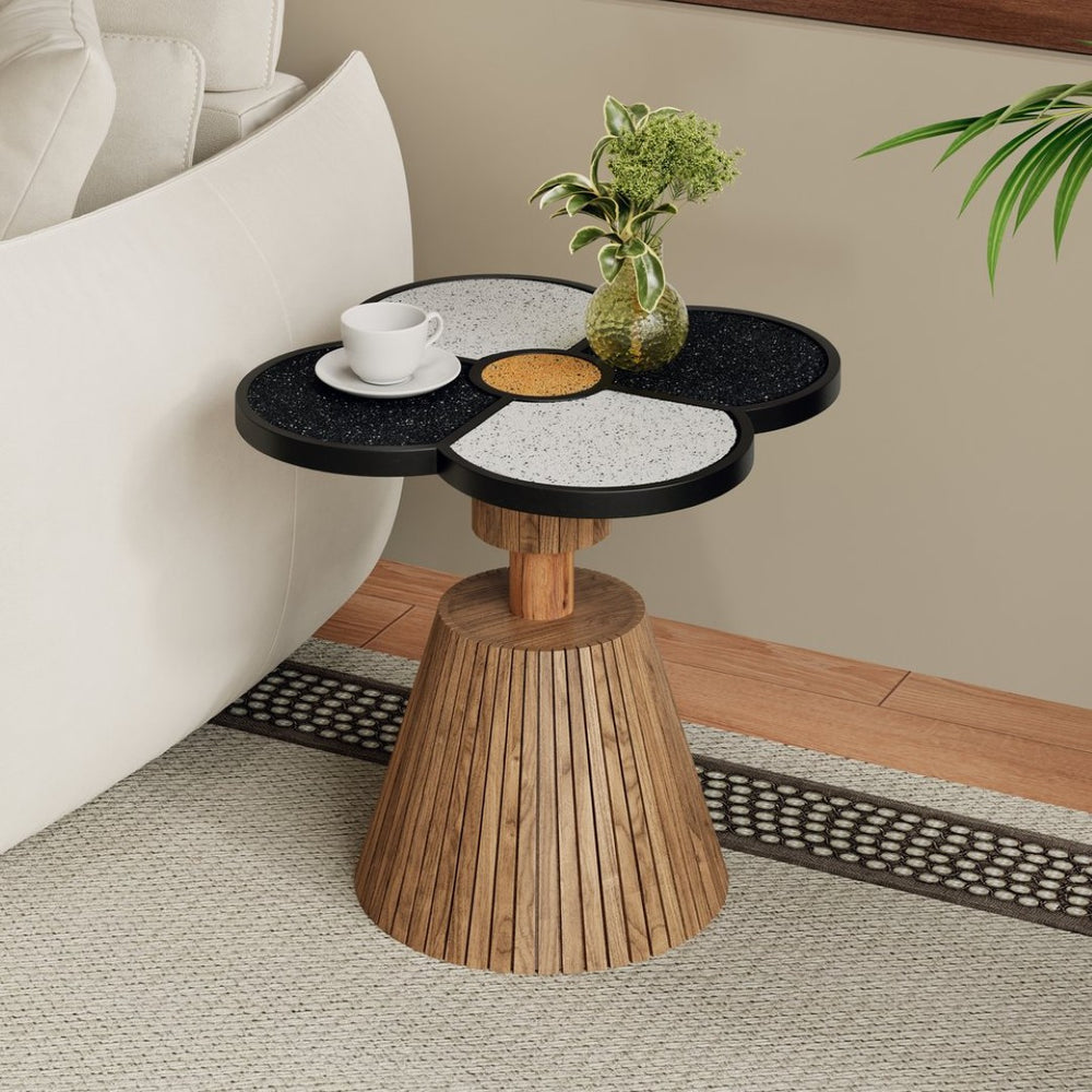English Elm Unique Clover Shaped Stone Texture Side Table with Drawer Organic Sculptural Accent N770P355444N