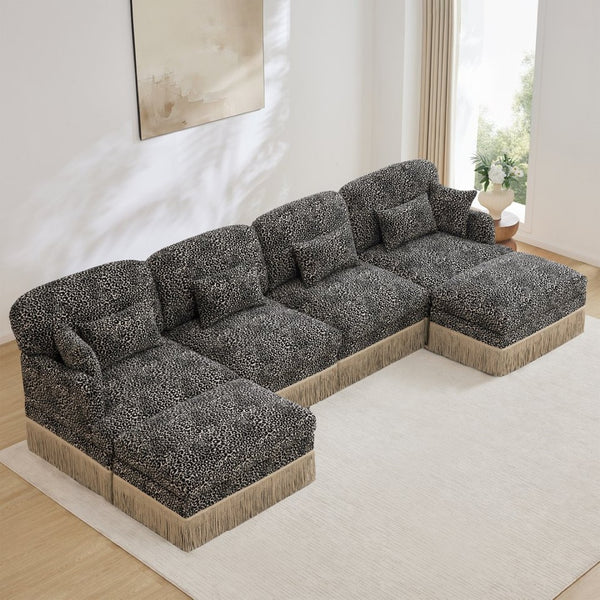 English Elm 131"comfy Chenille Leopard Print U-shaped Sectional with Tassel Trim and Modular Ottomans Khaki W5656S00027