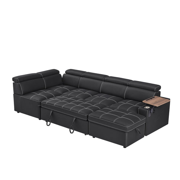 English Elm Black Fabric Sectional Sofa Bed with Storage Ottoman, Pocket Spring Seats, Solid Wood Frame, Modern Durable Design W588S00075