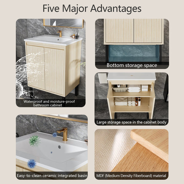 English Elm 24 Compact Bathroom Vanity with Sink — Floor-Standing Stability, Soft-Close Drawers, Large Storage, Durable Finish Oak 29.13 L x 6.49 W x 26.37 H W3520S00016