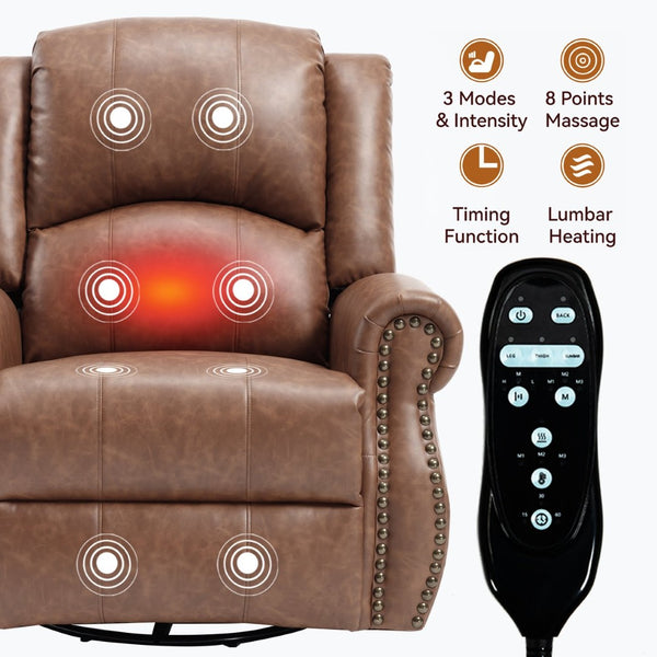 English Elm Heat Massage Rocker Swivel Recliner Chair with Lumbar Relief Nodes for Living Room Yellow Brown W3224S00029
