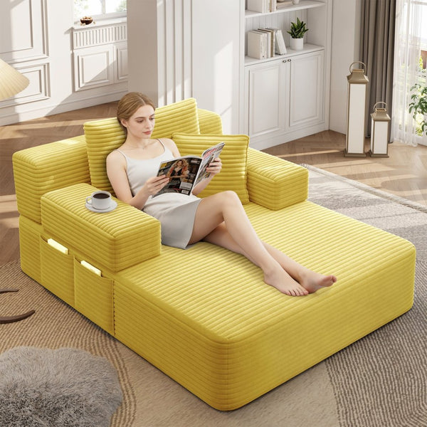 English Elm Luxurious Corduroy Frameless Chaise Sofa Bed with Spring Cushion and Storage Pocket Yellow W3219P496262