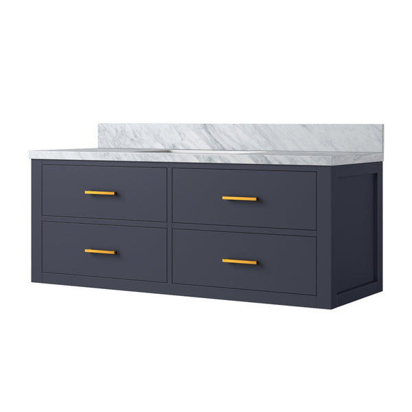 English Elm Blue Single Bath Vanity With Carrara Marble Top - Elegant 48" W, Soft-Close Drawers & Storage Solution B2731P258004