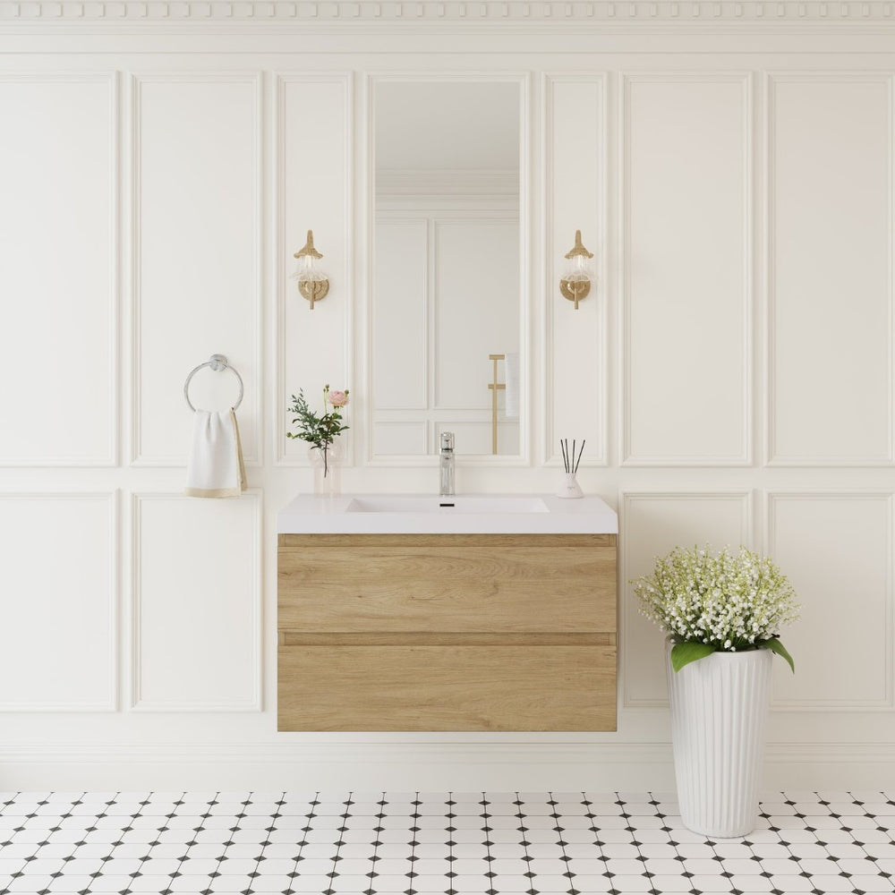 English Elm 36" Floating Wall Mounted Bathroom Vanity with Resin Basin and Soft Close Drawers Oak W1573P152698