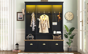 English Elm Farmhouse Hall Tree with Triple Arch Back Panel Eight Hooks Drawers and Entryway Bench Black N721S000062B