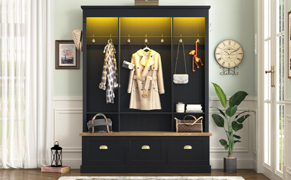 English Elm Farmhouse Hall Tree with Triple Arch Back Panel Eight Hooks Drawers and Entryway Bench Black N721S000062B