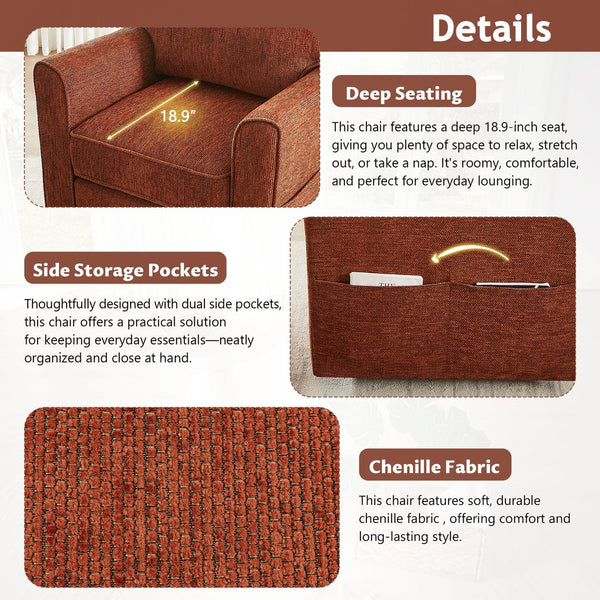 English Elm 360° Swivel Chair Accent Barrel Armchair with Chenille Upholstery, Deep Seat & Side Storage Pockets Red N719P283037J