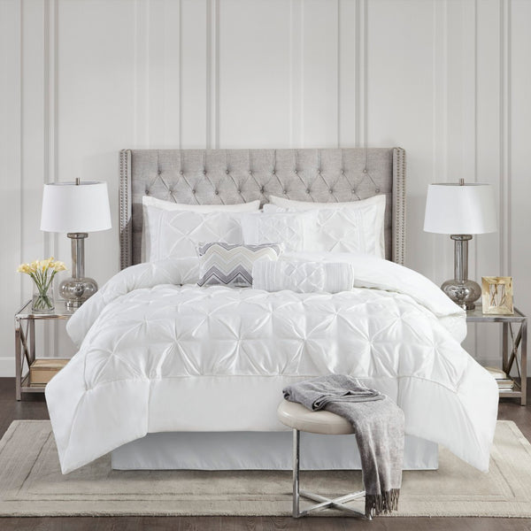 English Elm 7-piece Queen Tufted Pleated Comforter Set with Shams Bed Skirt Decorative Pillows White B035P463183